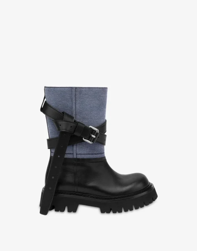 Ankelskor i denim och kalvskinn